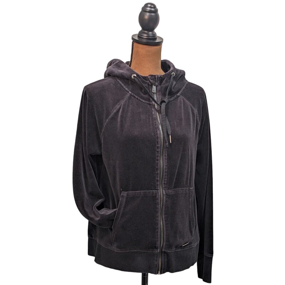 Y2K Large Black Velour Hoodie Zip Up Calvin Klein Athleisure Performance Thumby